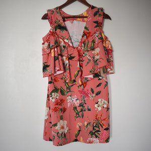 Zara red and white striped cold shoulder dress with ruffles and flowers